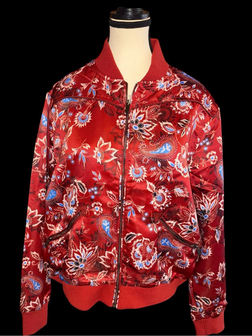Hooey Women’s Floral Paisley Satin Bomber Jacket Red Western Zip NWT Medium